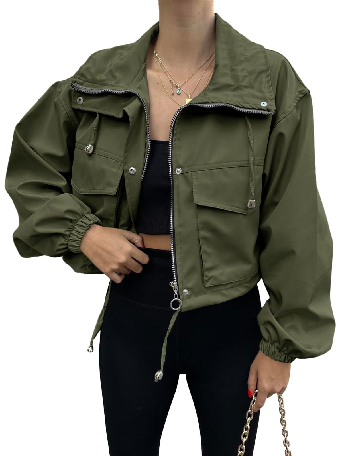 Solid Cropped Windbreaker Utility Jacket