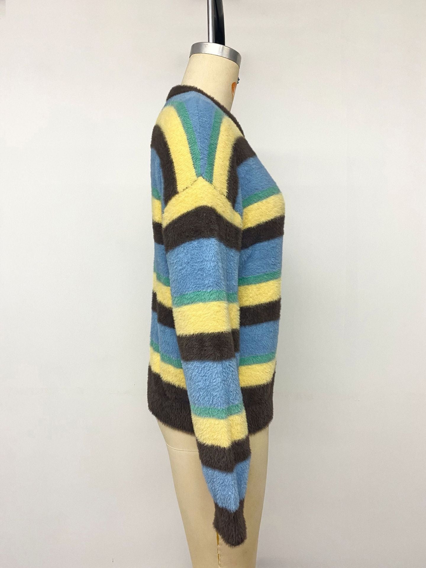 Oversized Color Block Striped Fuzzy Crew Neck Sweater