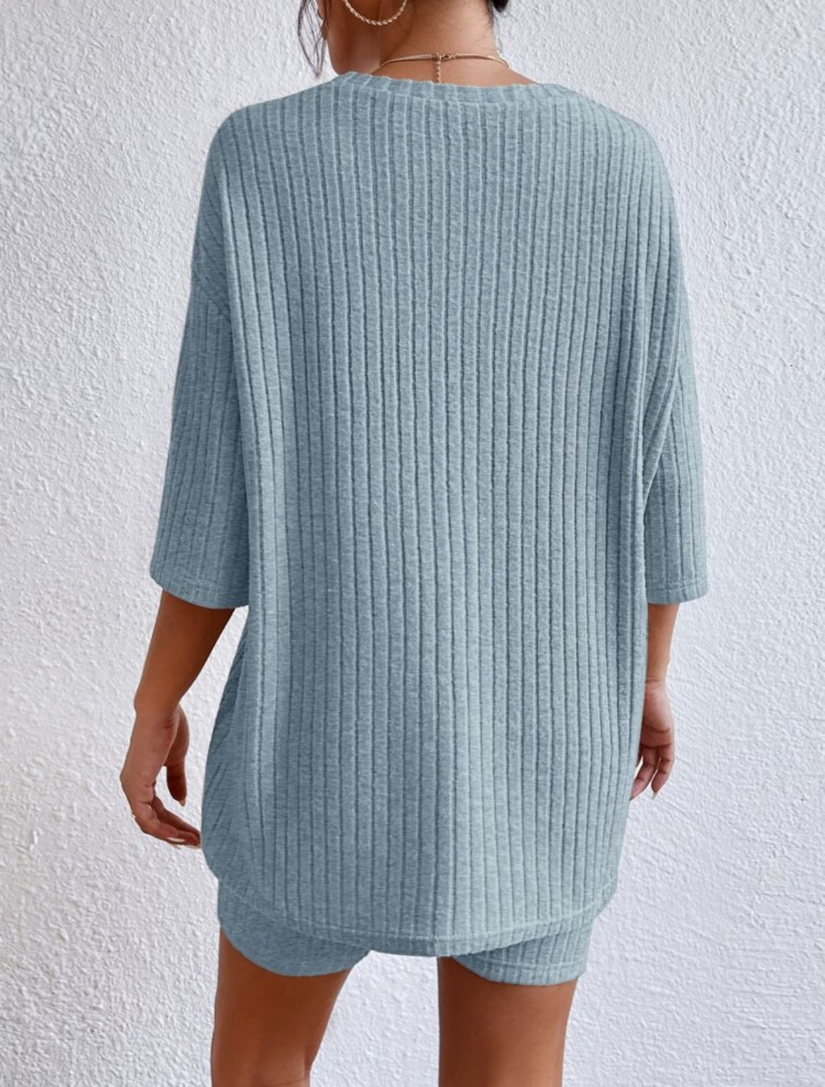 Ribbed Knit Two Piece Set Oversized Top & Biker Shorts