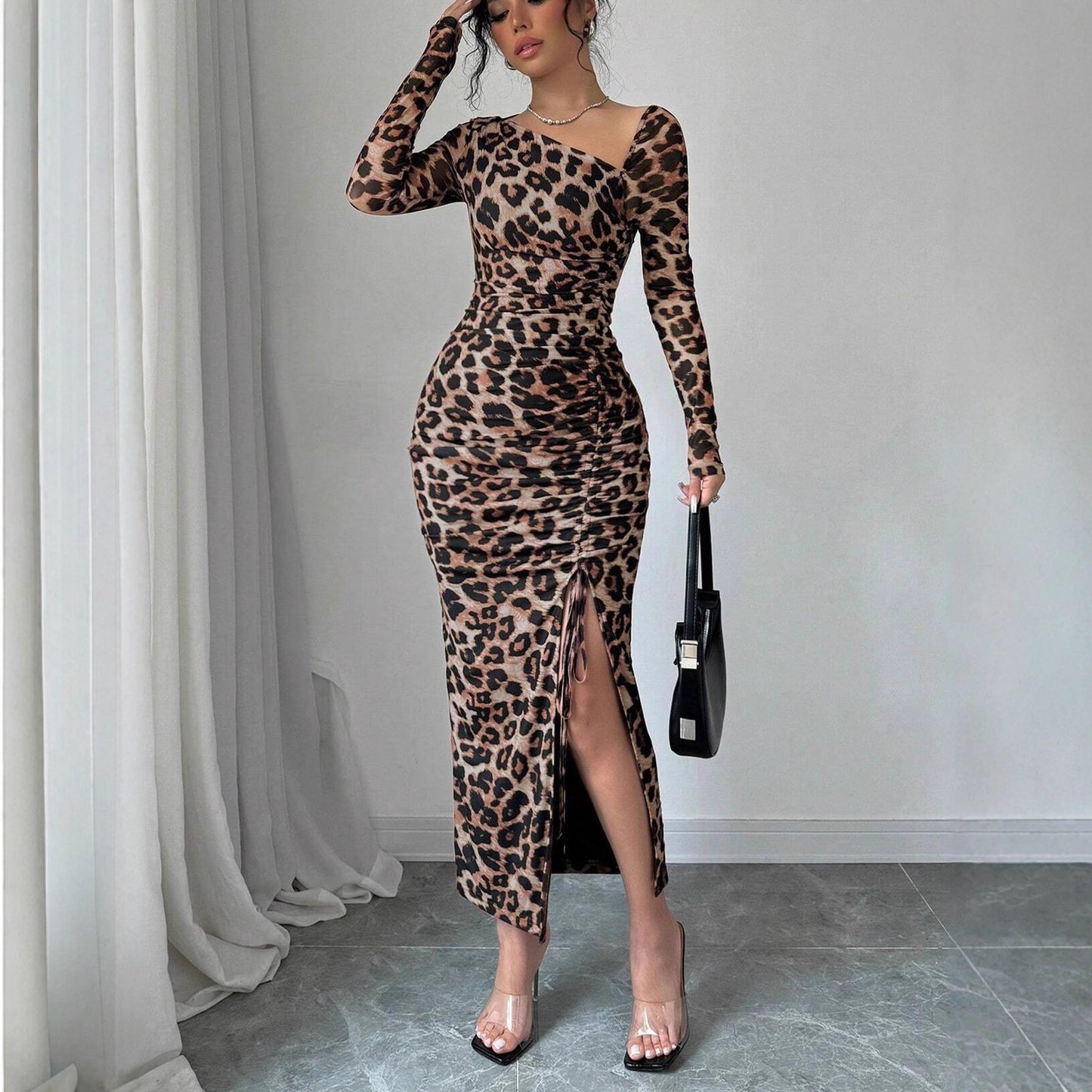 Women’s Leopard Print Bodycon Midi Dress Long Sleeve Ruched