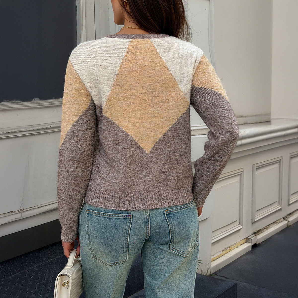 Colorblock Cropped Cardigan Button Front Knit Sweater