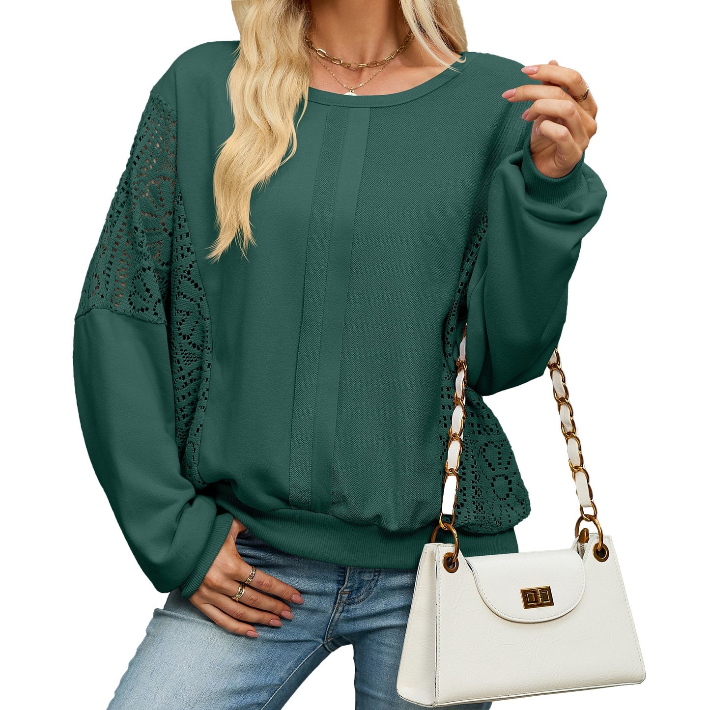 Women's Crochet Lace Oversized Crewneck Sweatshirt