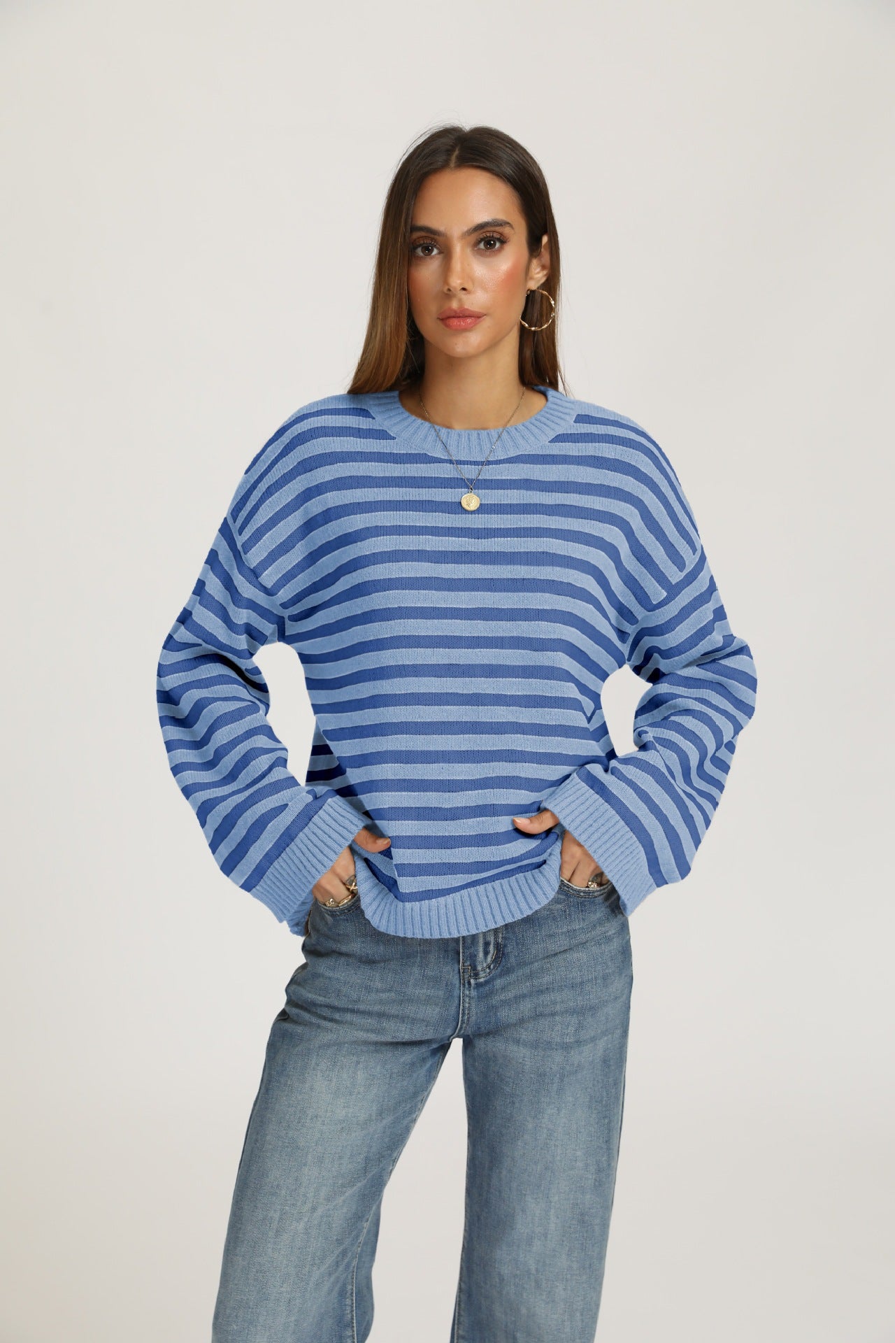 Striped Oversized Crew Neck Knit Sweater Casual Pullover