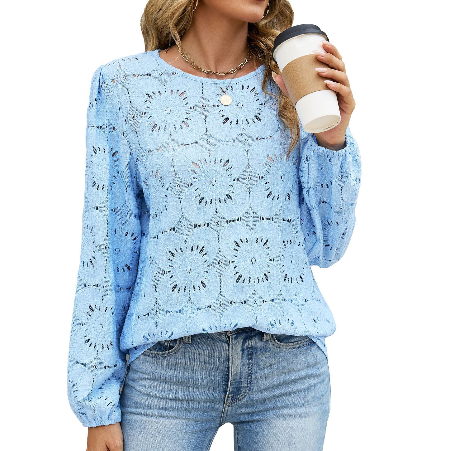 Eyelet Lace Top Crew Neck Long Sleeve Loose Casual Blouse