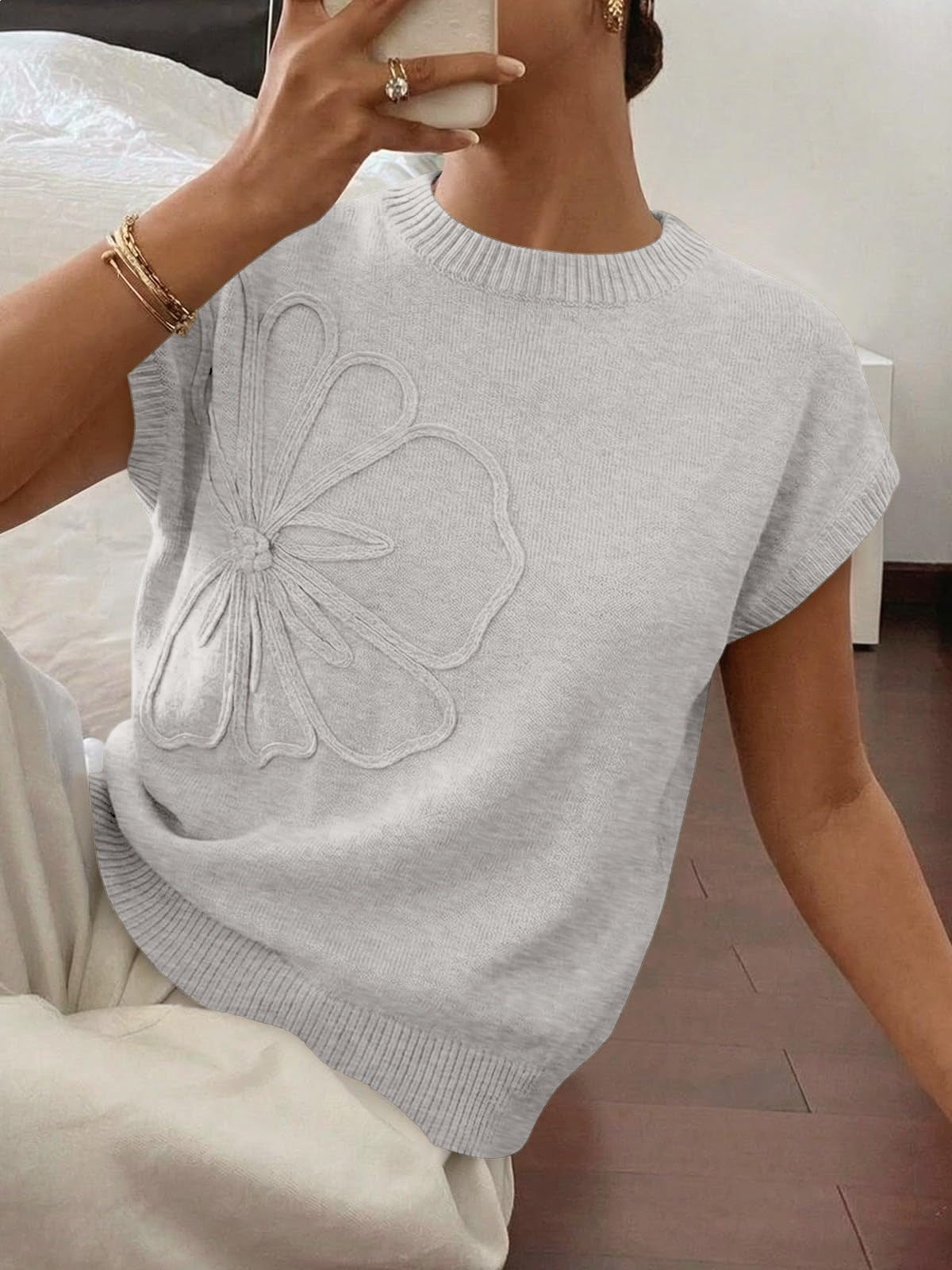 Womens 3D Floral Knit Top Short Sleeve Pullover