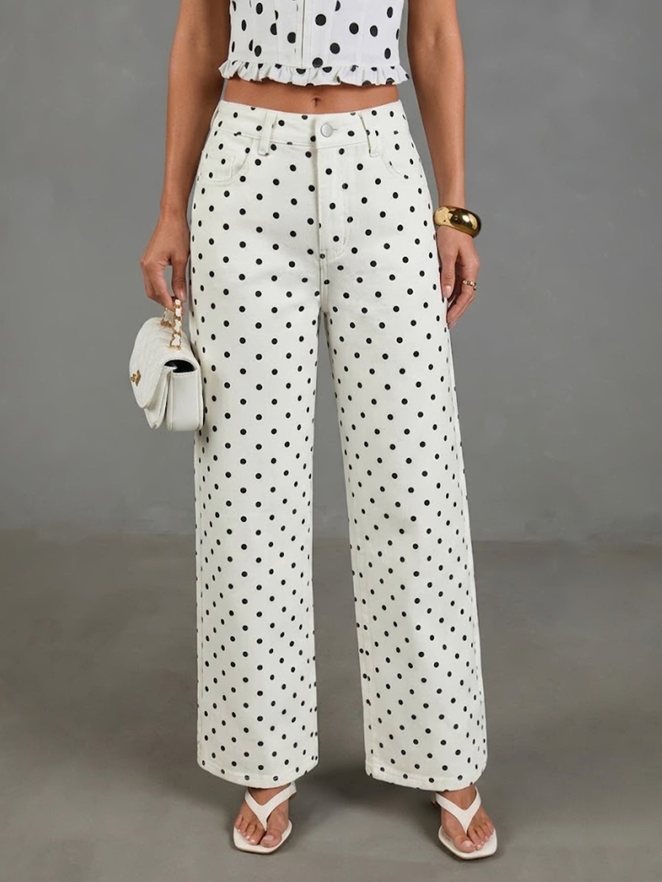 Polka Dot Denim Jeans Vintage High Waist Wide Leg