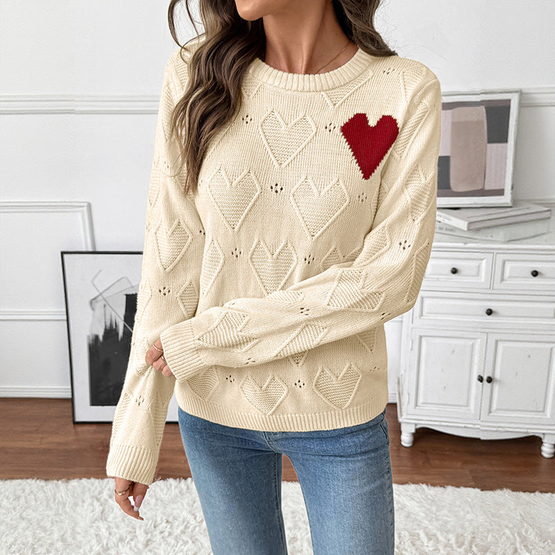 Heart Knit Sweater Hollow Out Long Sleeve Casual Pullover