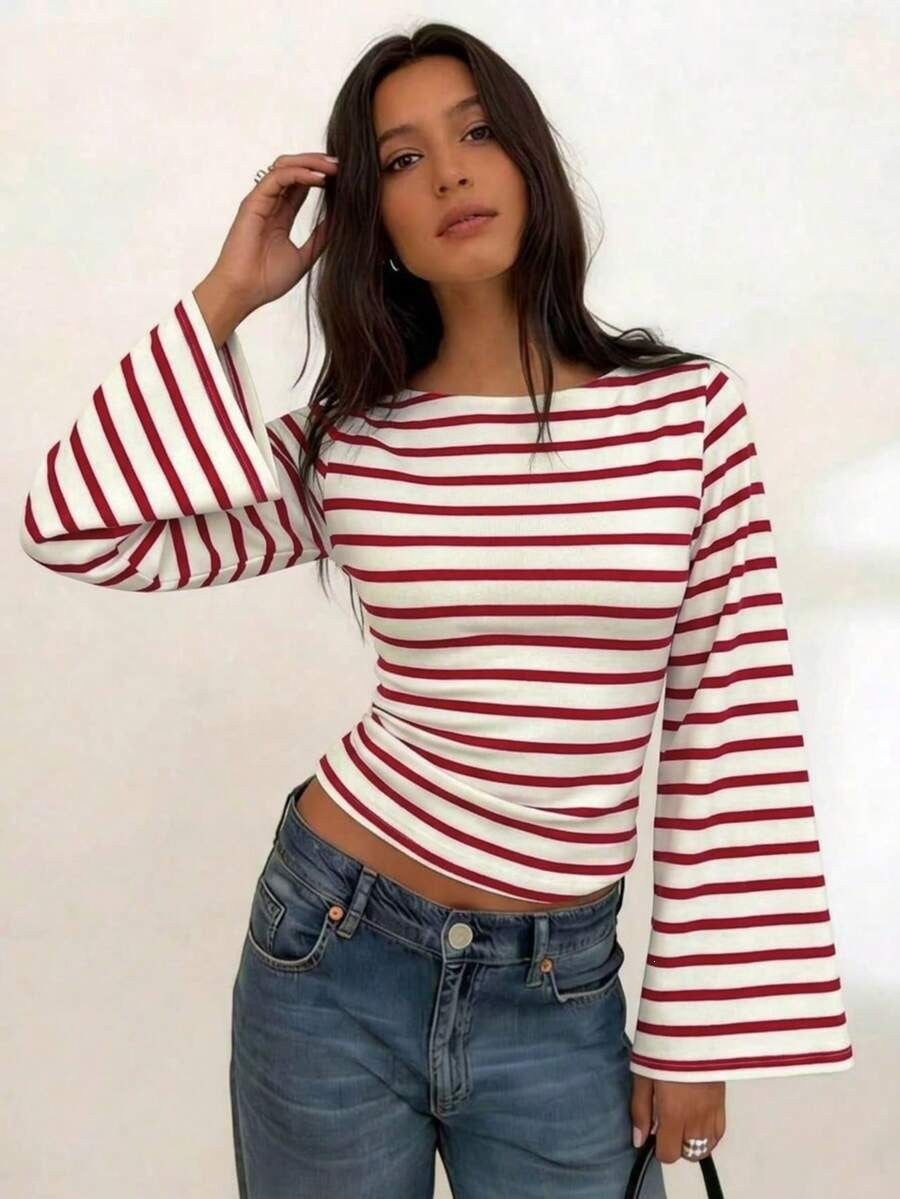 Women's Y2K Striped Bell Sleeve Fitted Crop Top Casual Tee