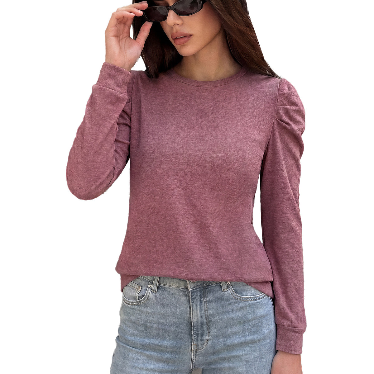 Women's Brushed Puff Sleeve Crew Neck Long Sleeve Top