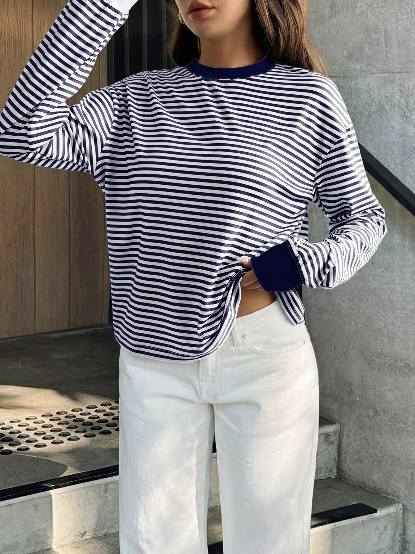 Striped Polyester Tee Casual Oversized Long Sleeve