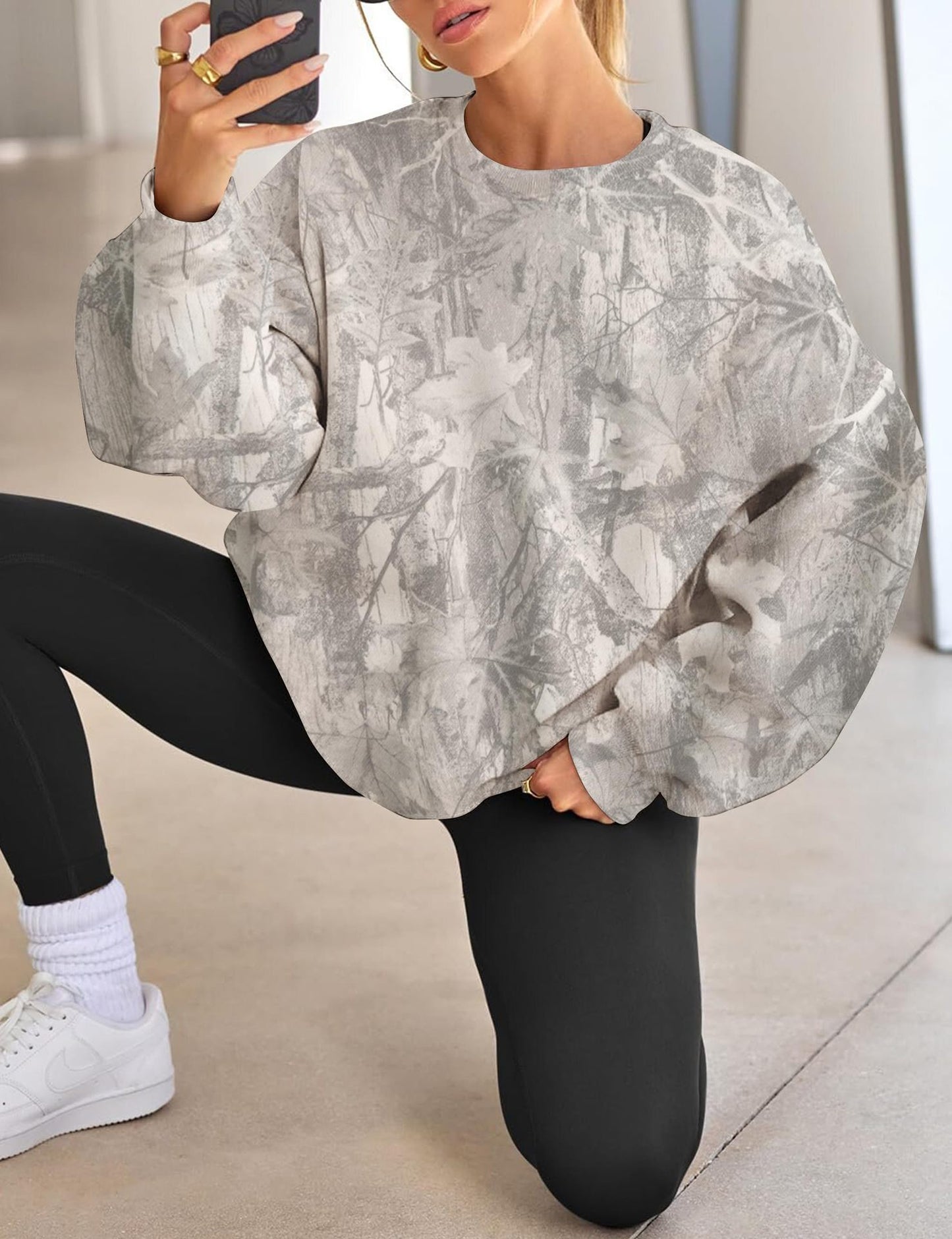 Camo Leaf Print Pullover Sweatshirt Women Oversized Casual Top