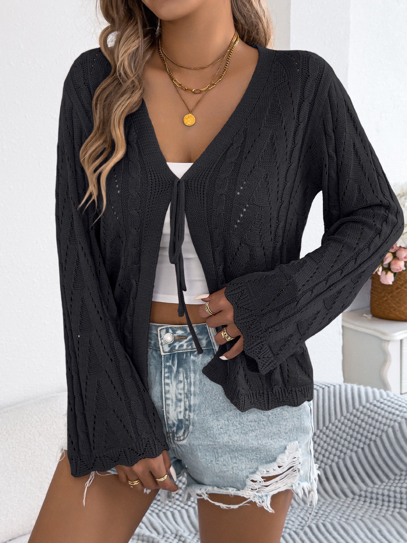 Women Tie Front Open Knit Bell Sleeve Cardigan