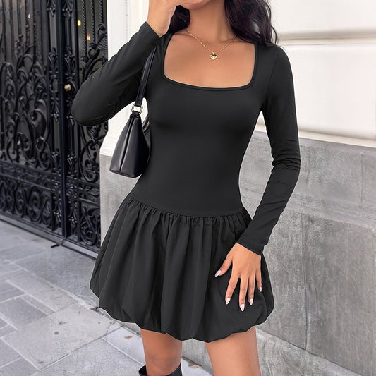 Square Neck Mini Dress Long Sleeve High Waist Casual Style