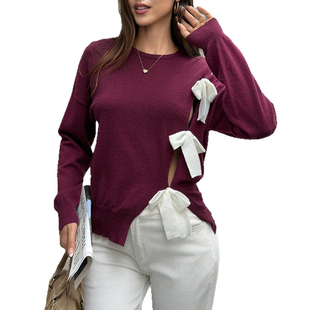 Women's Cutout Bow Sweater Burgundy Coquette Knit