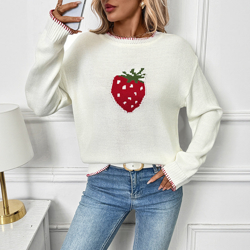 Strawberry Graphic Knit Sweater Women’s Casual Pullover