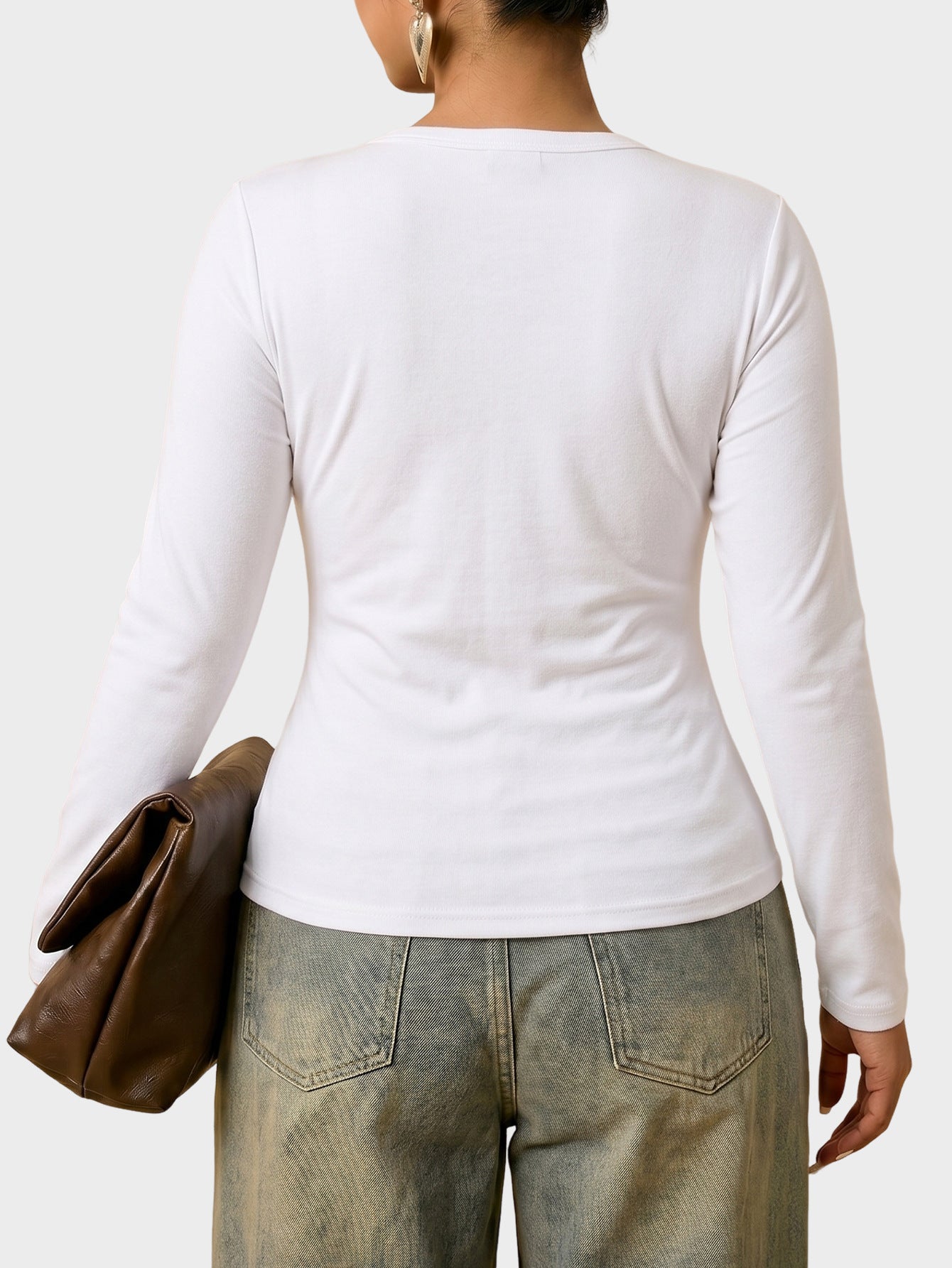 Solid Ribbed Long Sleeve Top V Neck Slim Fit Casual