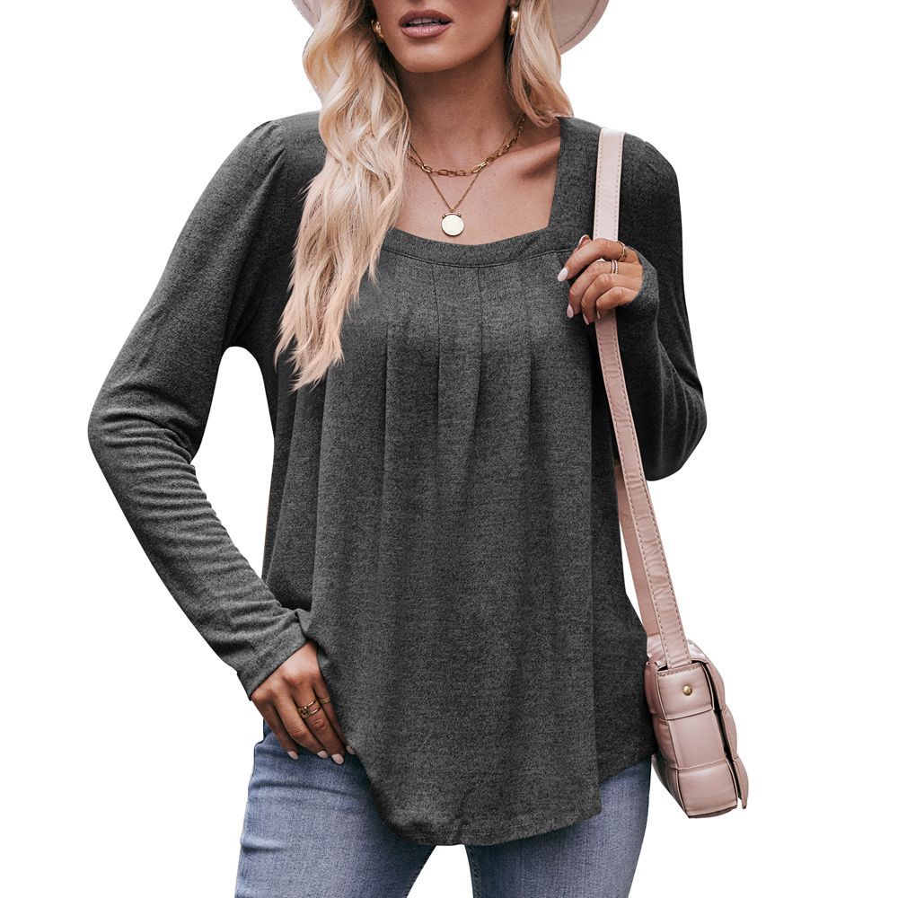 Square Neck Pleated Long Sleeve Casual Knit Top