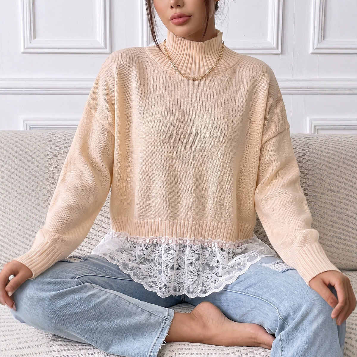 Oversized Layered Lace Hem Turtleneck Sweater