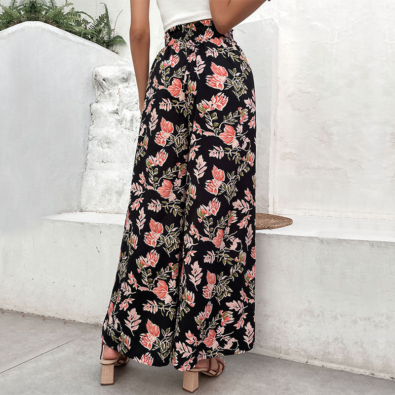 Black Tropical Floral Elastic Waist Beach Pants
