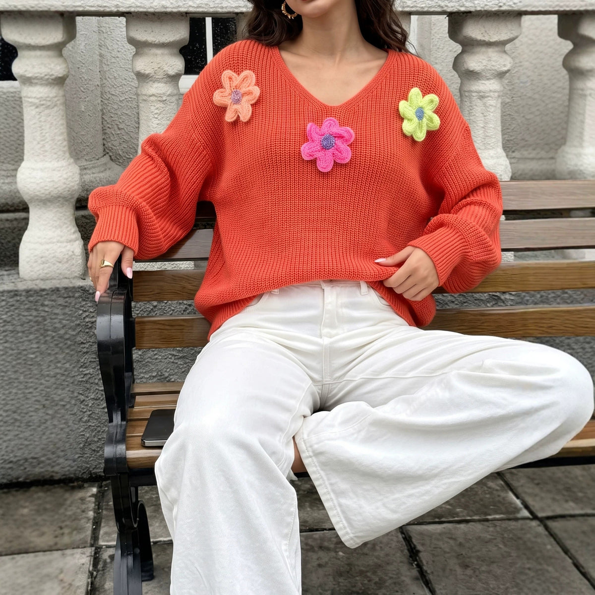 Women's Colorful Chunky Floral V Neck Knit Sweater