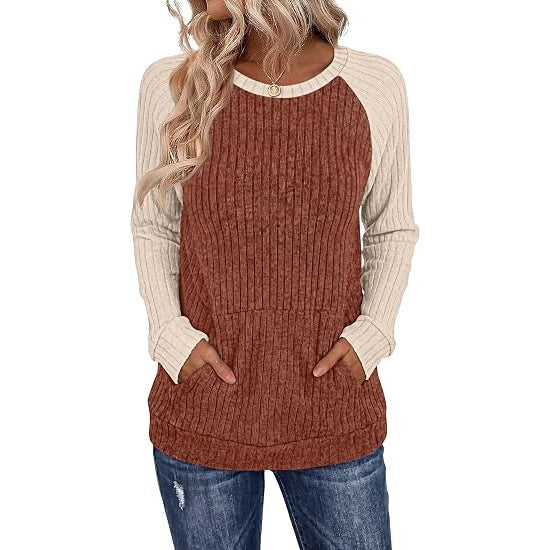 Ribbed Color Block Raglan Long Sleeve Pocket Tunic Top