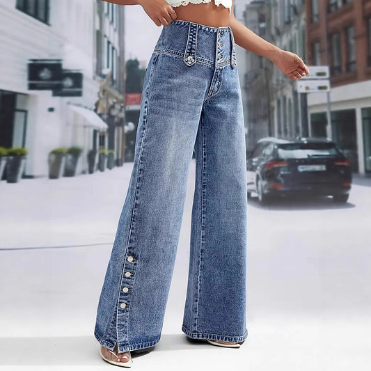 Vintage Wash Button Waist Side Slit Wide Leg Jeans