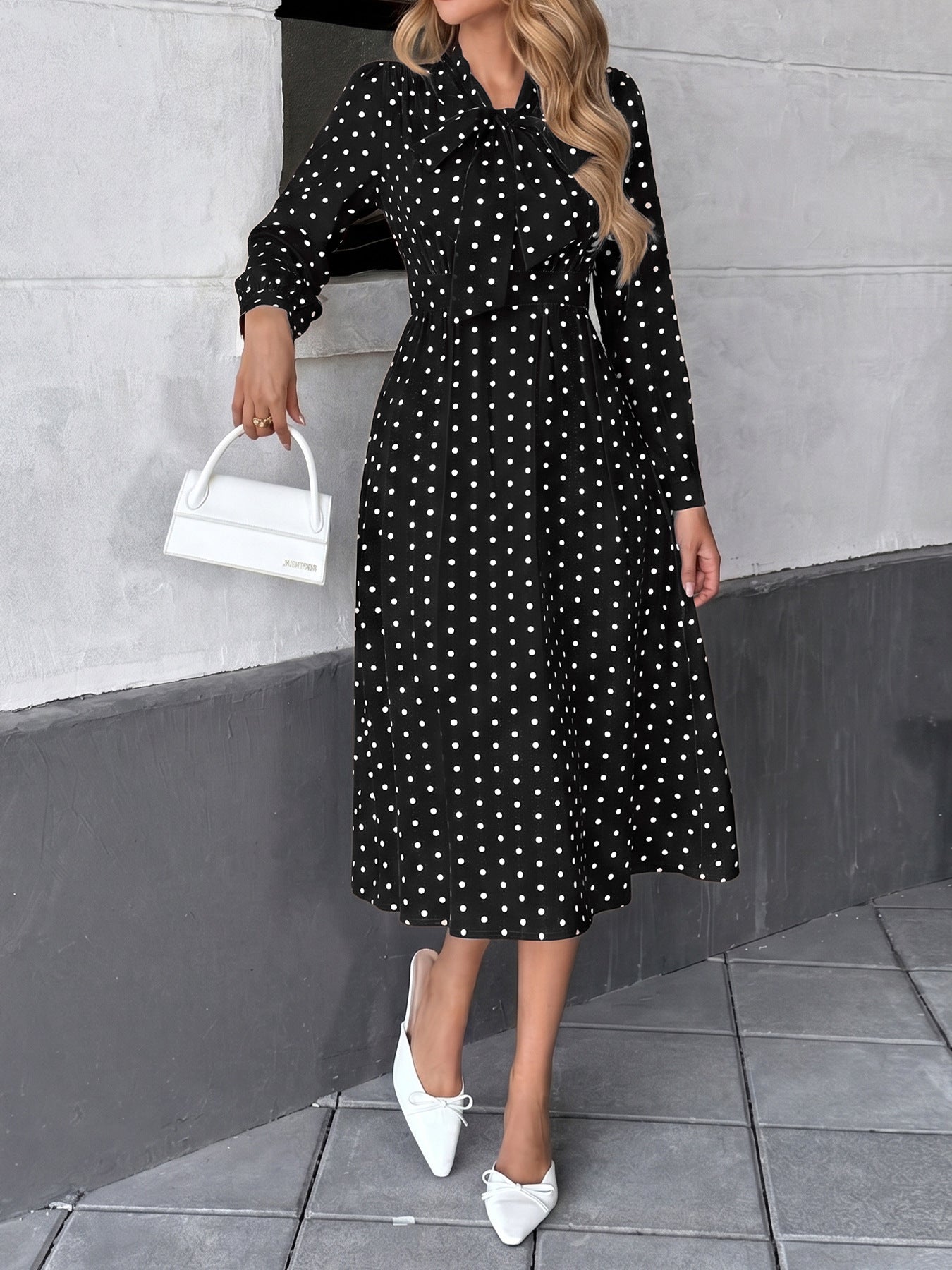 Polka Dot Bow Tie Neck Dress Long Sleeve Vintage Midi