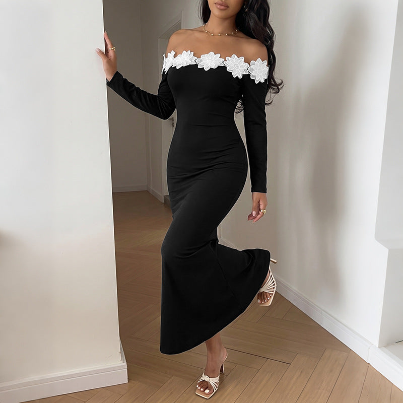 Floral Applique Off Shoulder Mermaid Maxi Dress