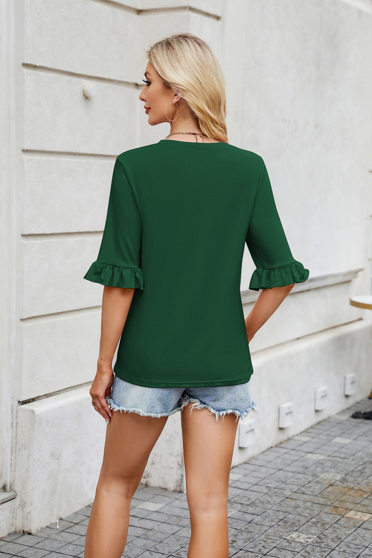 Striped Round Neck Ruffle Sleeve Top