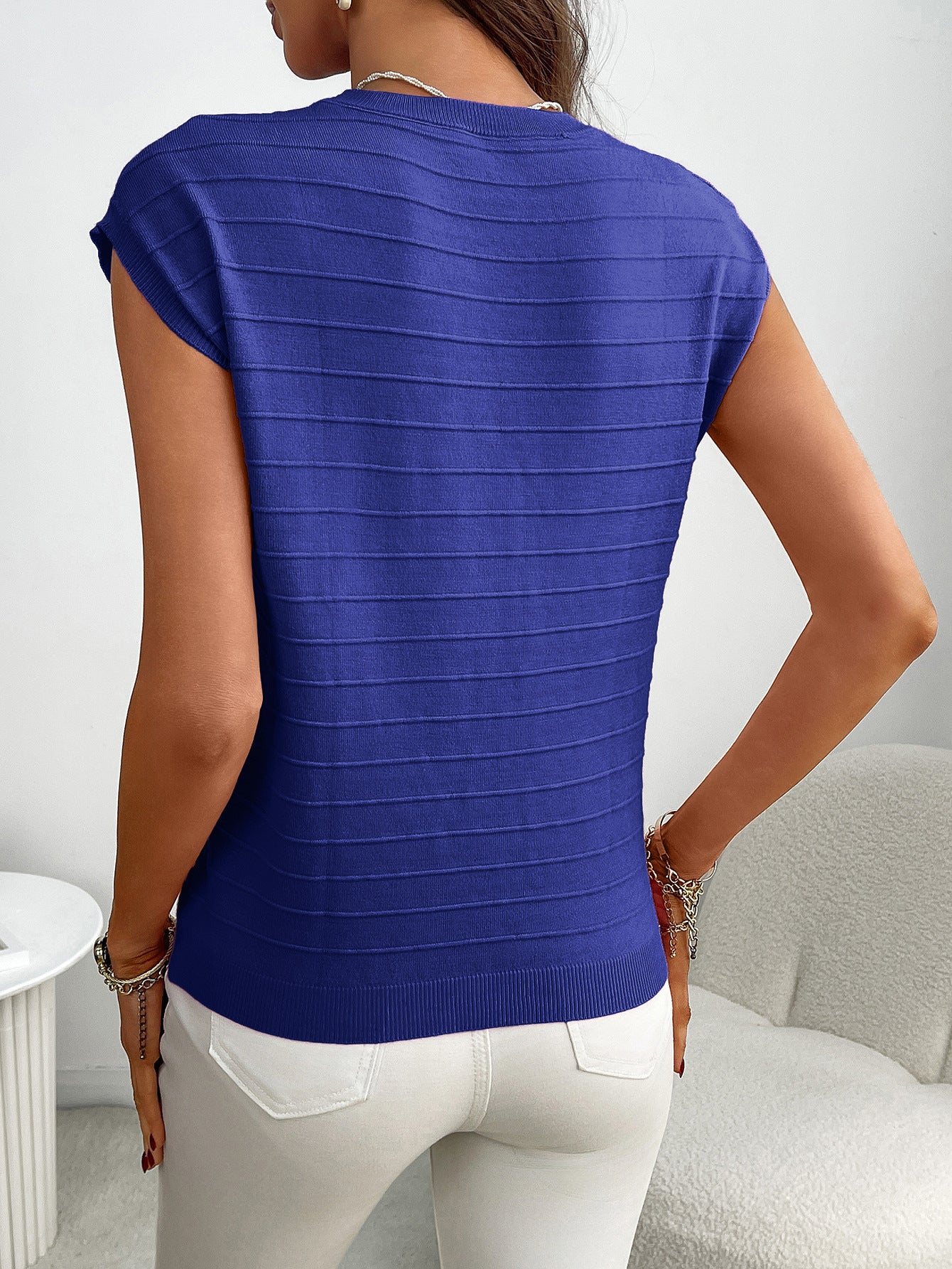 Striped Knit Short Sleeve Top with Pocket Casual Pullover