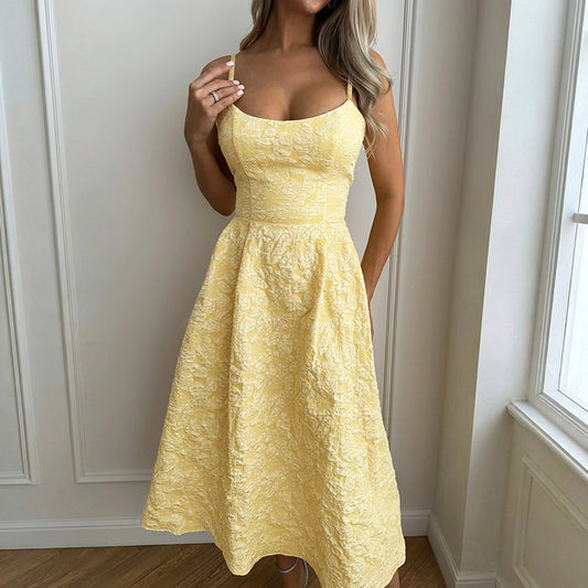 Floral Jacquard Dress Elegant A Line Backless Midi