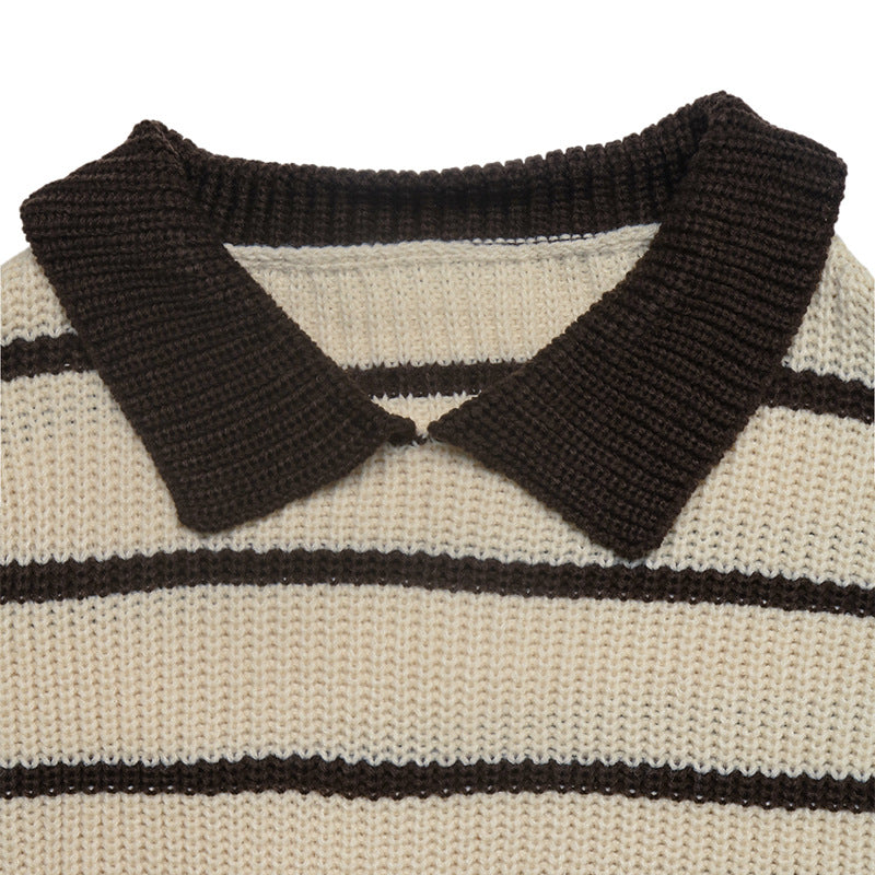 Striped Polo Knit Sweater Relaxed Fit Long Sleeve Pullover