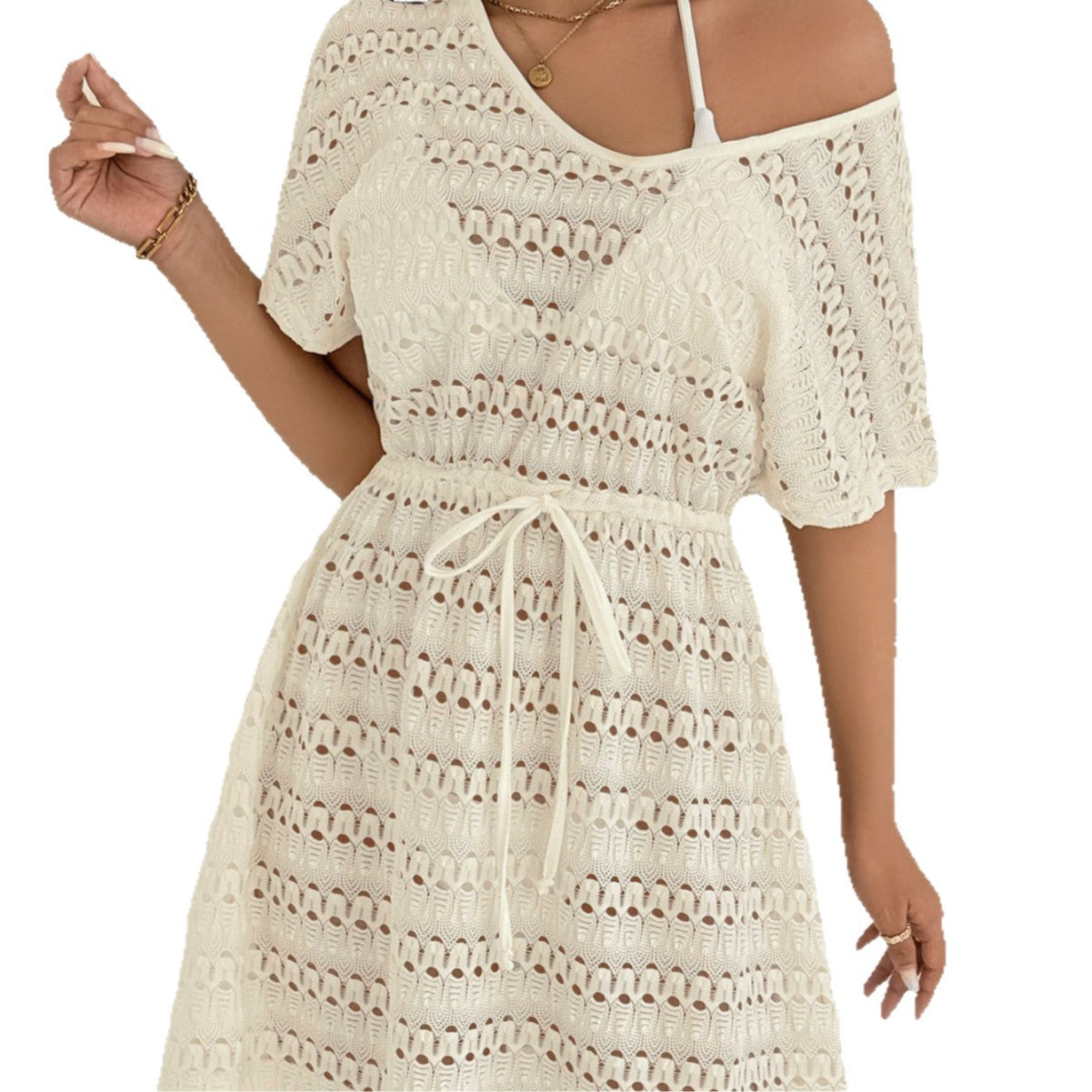 V Neck Lace Crochet Tie Waist Beach Cover Up Dress