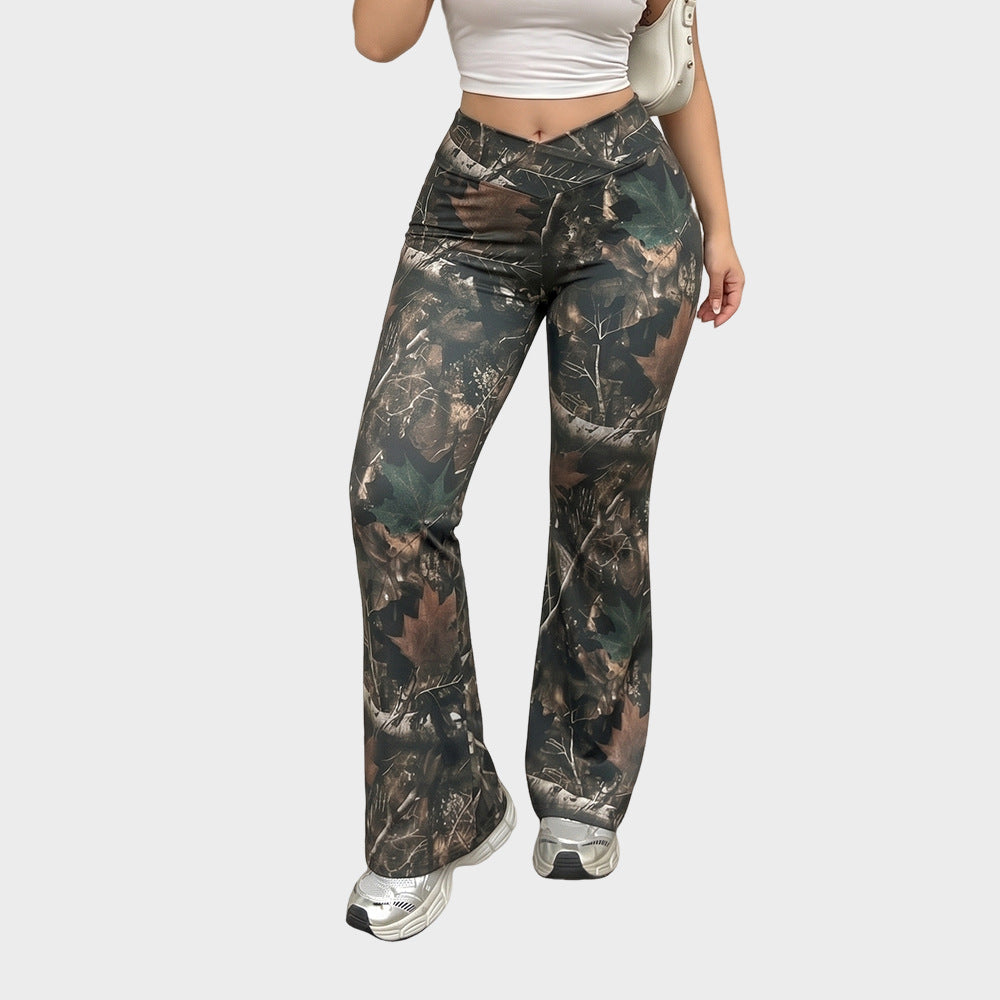 Camouflage Textured Leggings High Waist Wide Leg Casual Style
