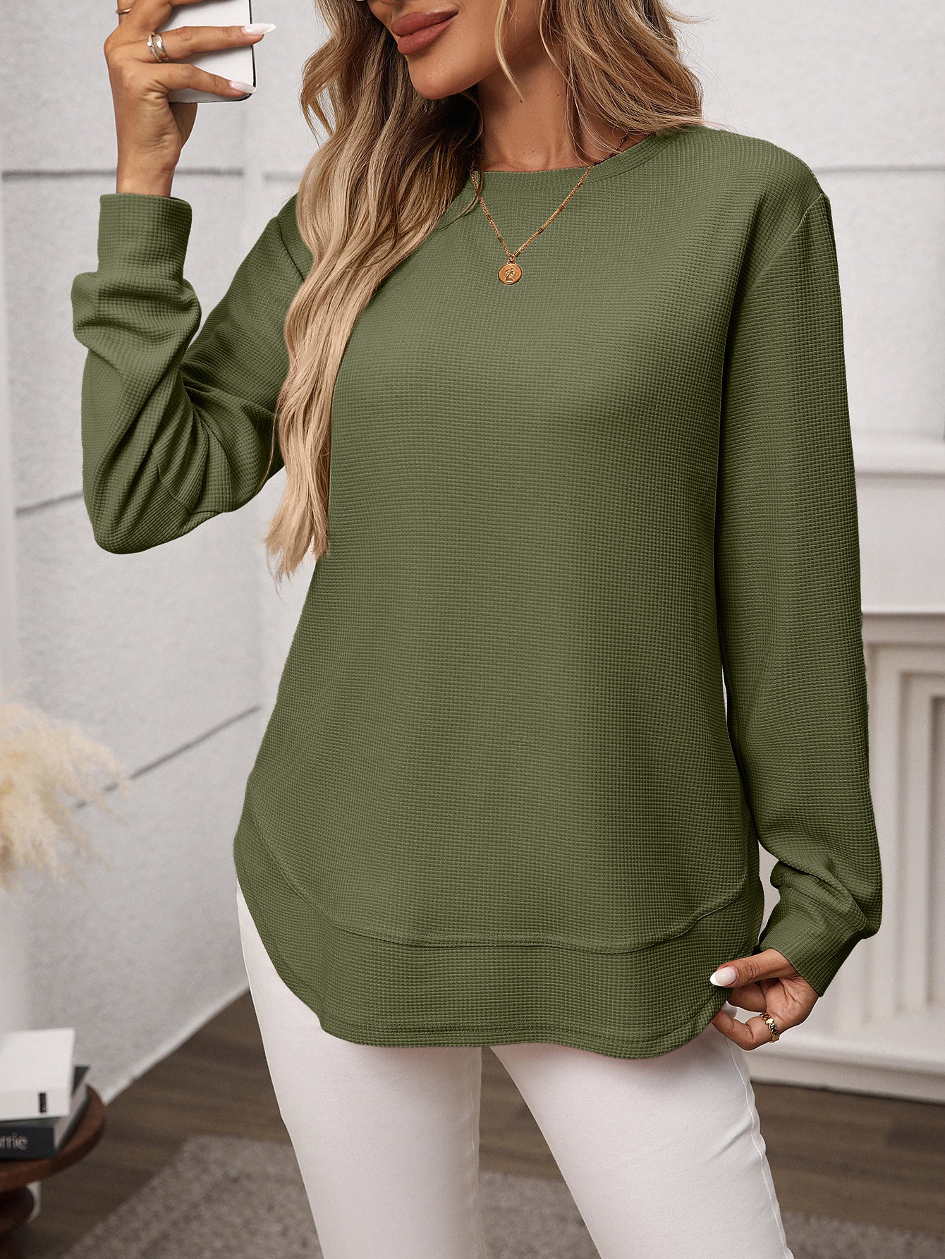 Waffle Knit Long Sleeve Top Relaxed Fit Casual Pullover
