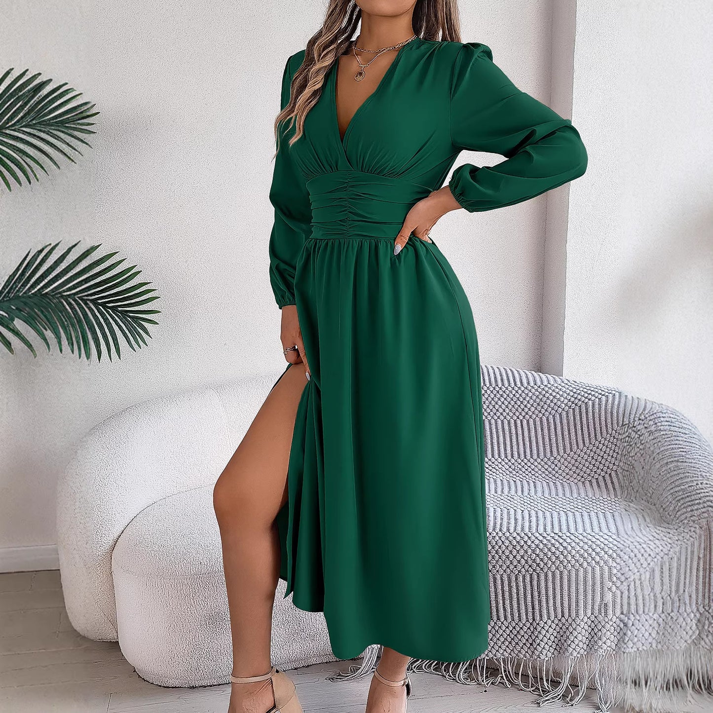 Women V Neck Long Sleeve Slit Waist Midi Dress