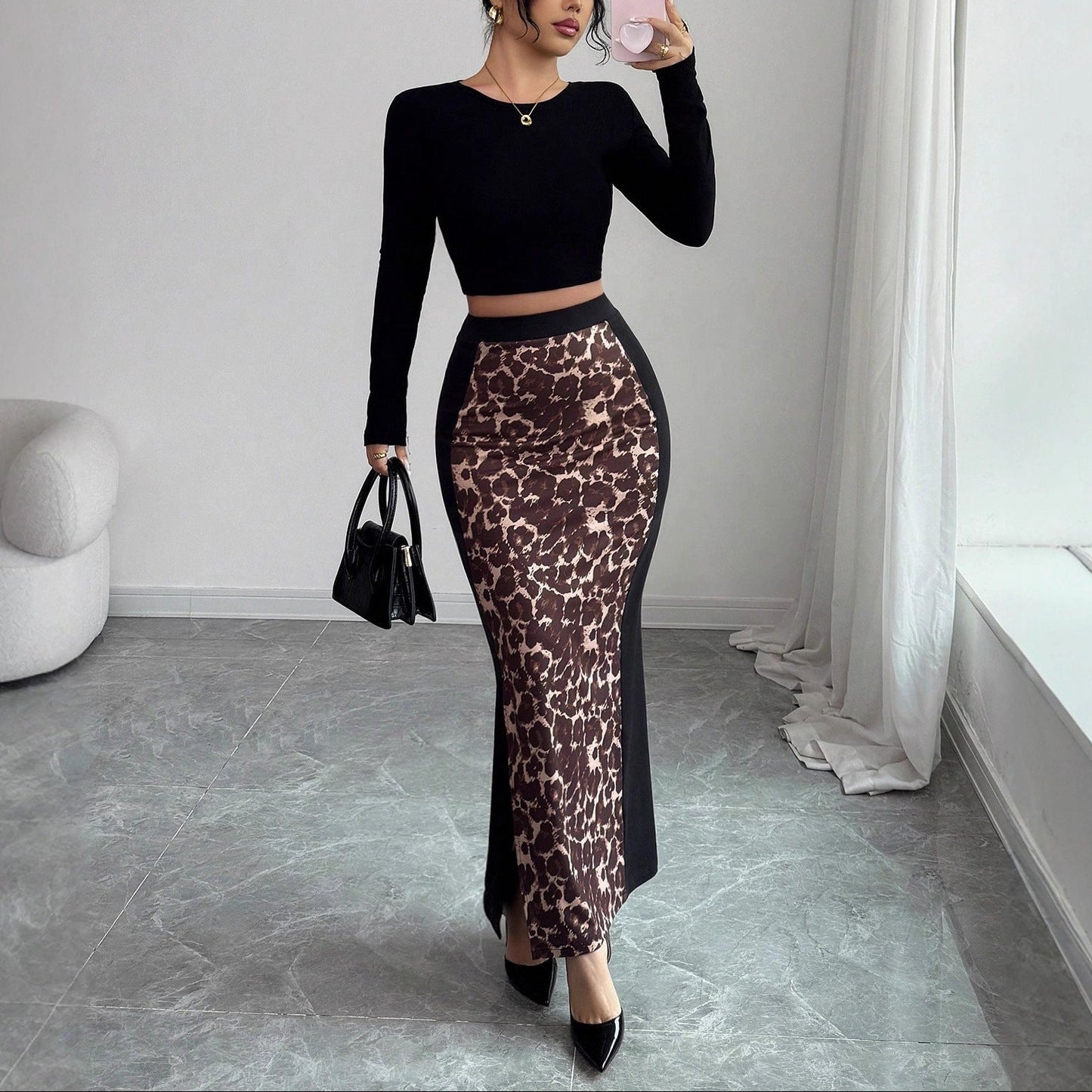 Leopard Print Colorblock High Waist Slit Maxi Skirt
