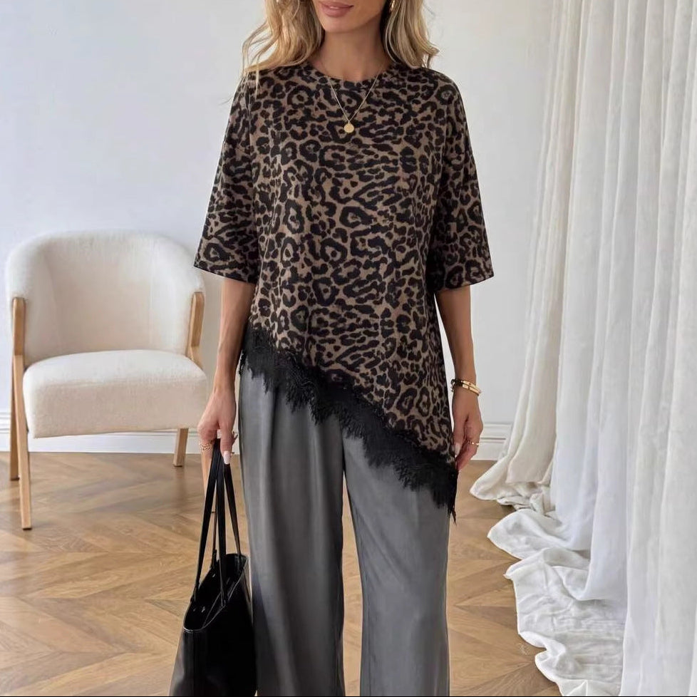 Leopard Print Top Lace Trim Loose Fit Short Sleeve T-Shirt
