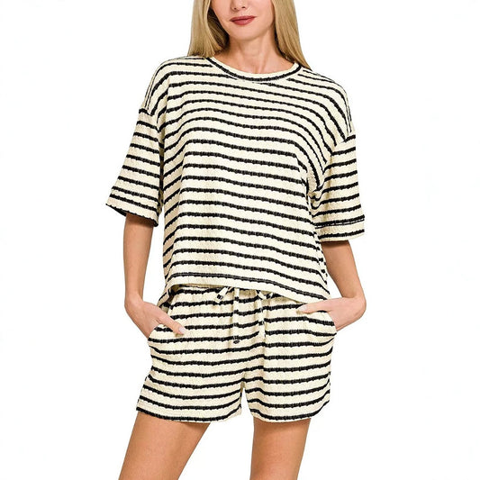 Striped Cotton Shorts Set Boutique Textured Knit Loungewear