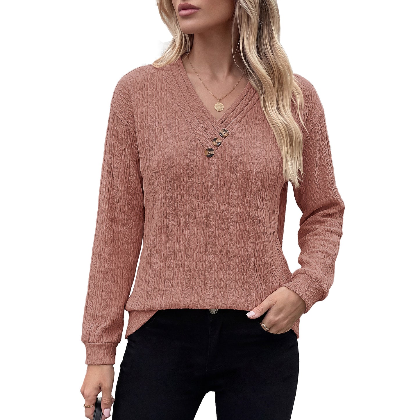 Womens Loose V Neck Button Long Sleeve Textured Top