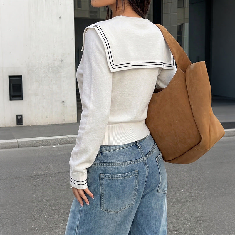 Colorblock Knit Sweater Sailor Collar Long Sleeve Top