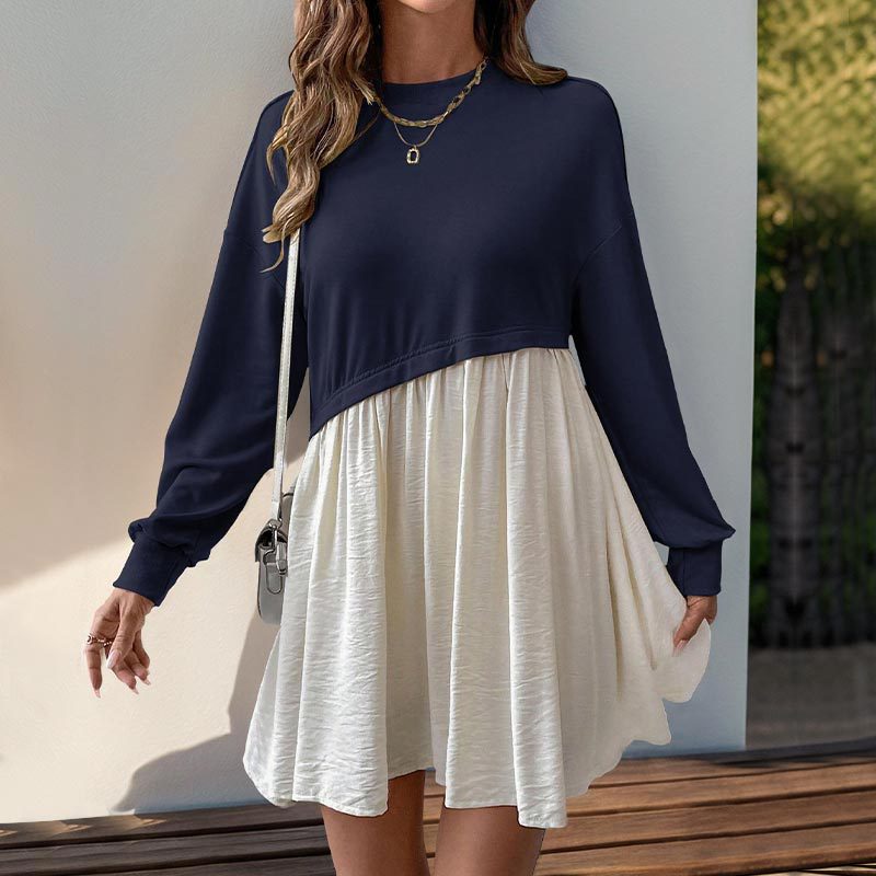 Color Block Long Sleeve Casual Loose Fit Mini Dress