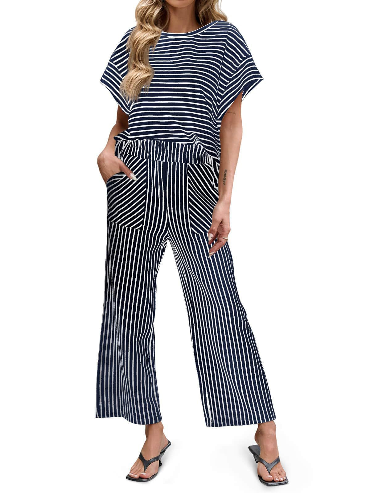 Striped Wide Leg Pants Set Casual Summer Lounge Outfit