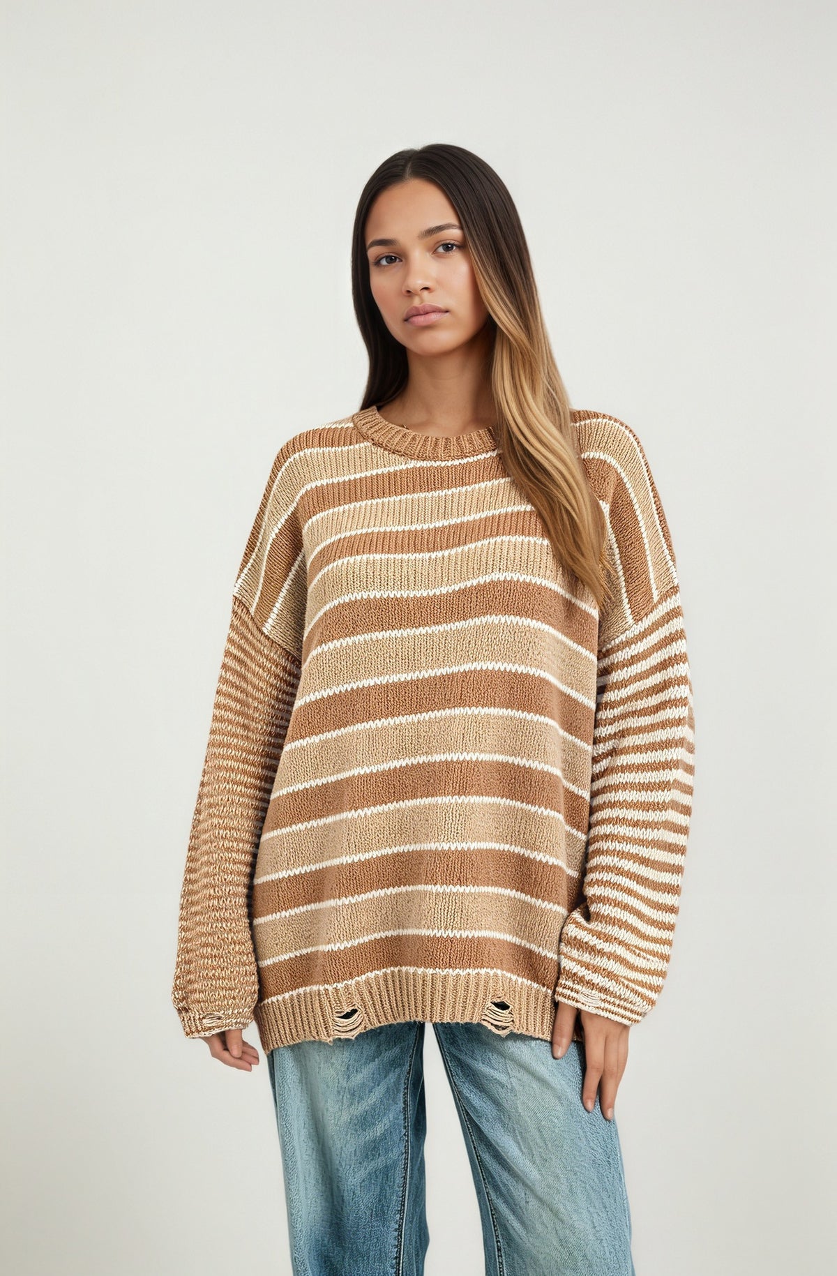 Oversized Striped Crew Neck Chunky Knit Sweater