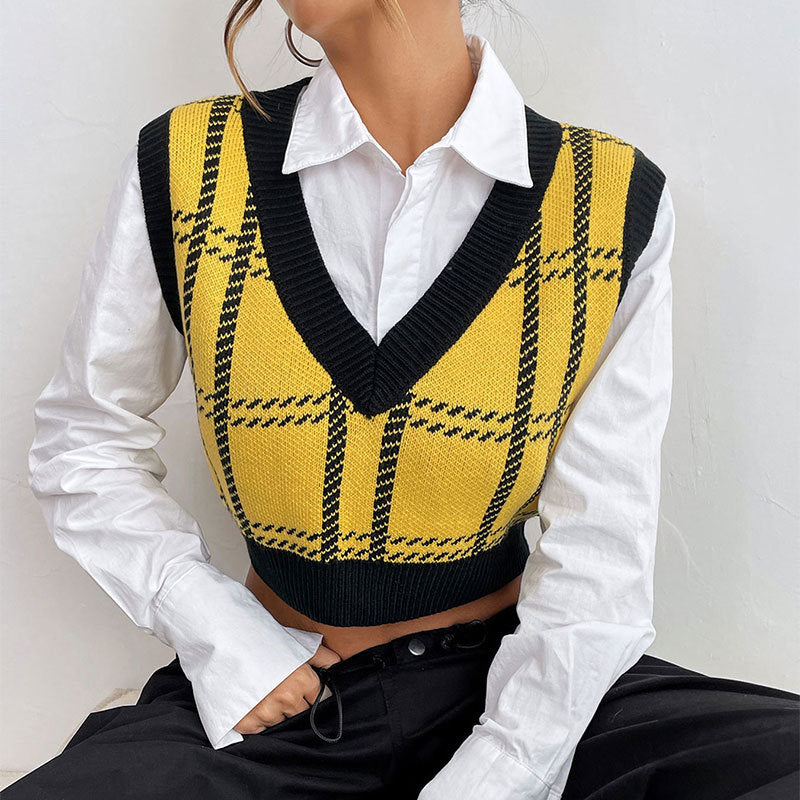 Plaid V Neck Knit Sweater Vest Women Casual Layering Top