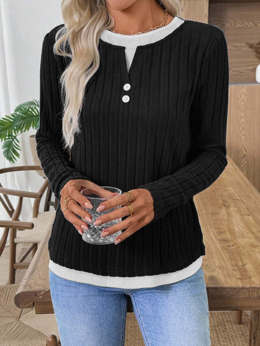 Solid Brushed Knit Top Casual Ribbed Henley Tee