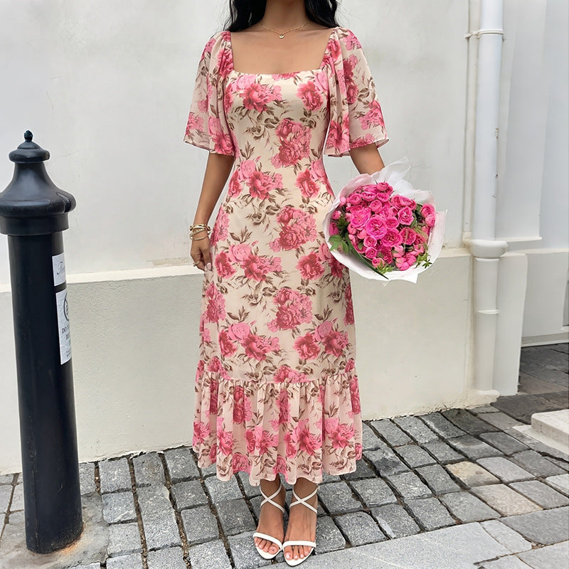 Floral Chiffon Midi Dress Romantic Flutter Sleeve