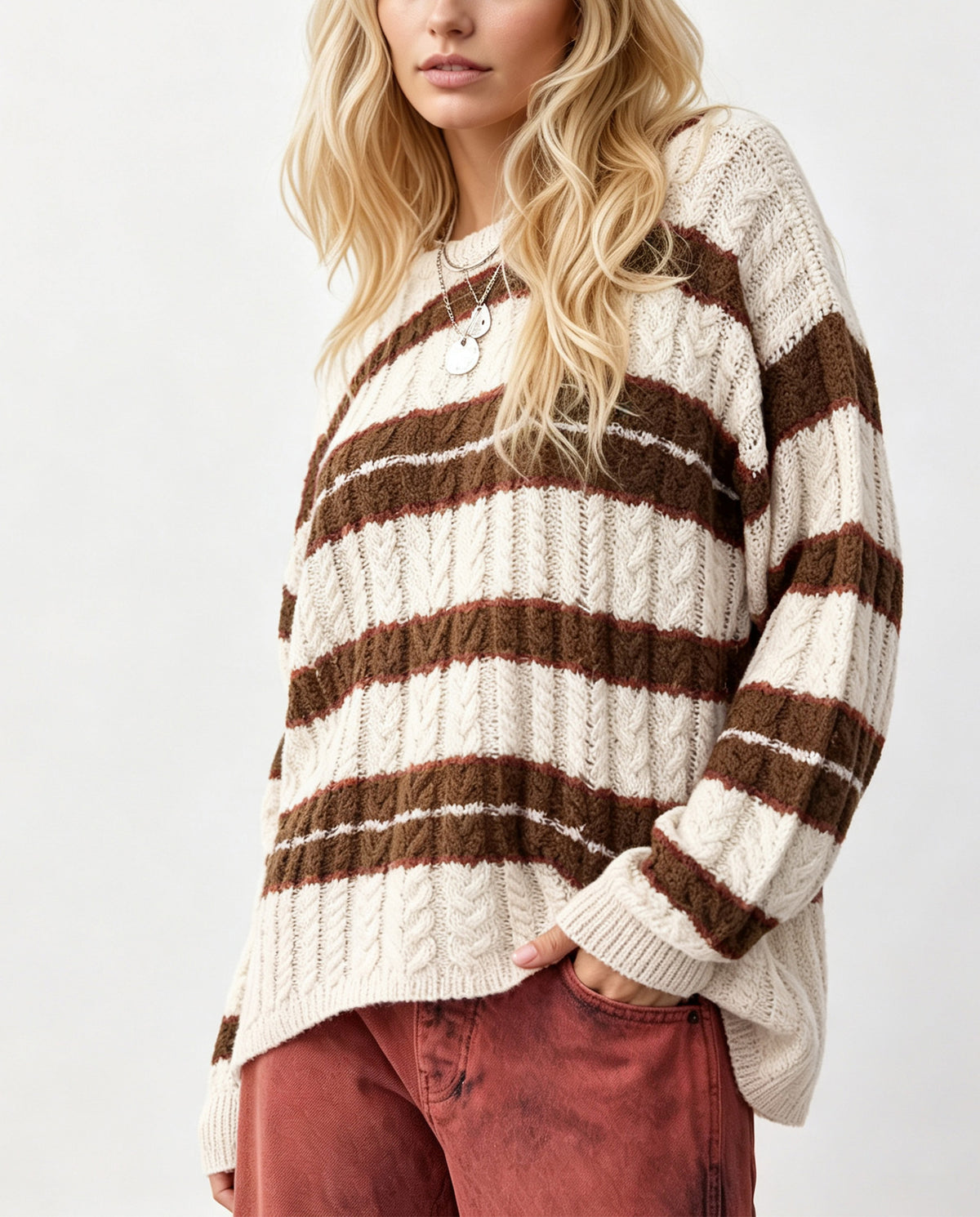 Women's Oversized Cable Knit Striped Crew Neck Sweater
