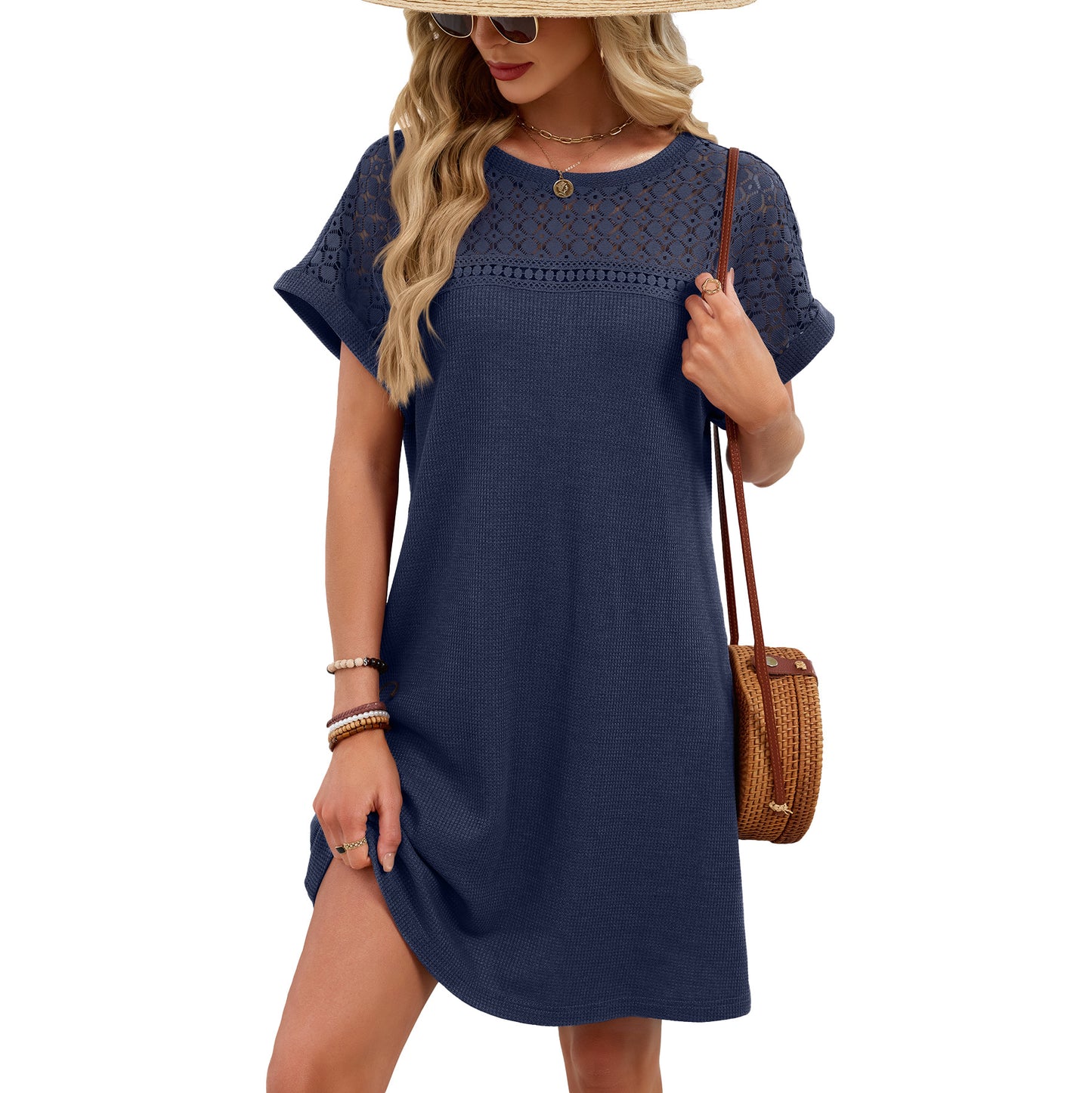 Women’s Lace Patchwork Short Sleeve Casual T Shirt Dress