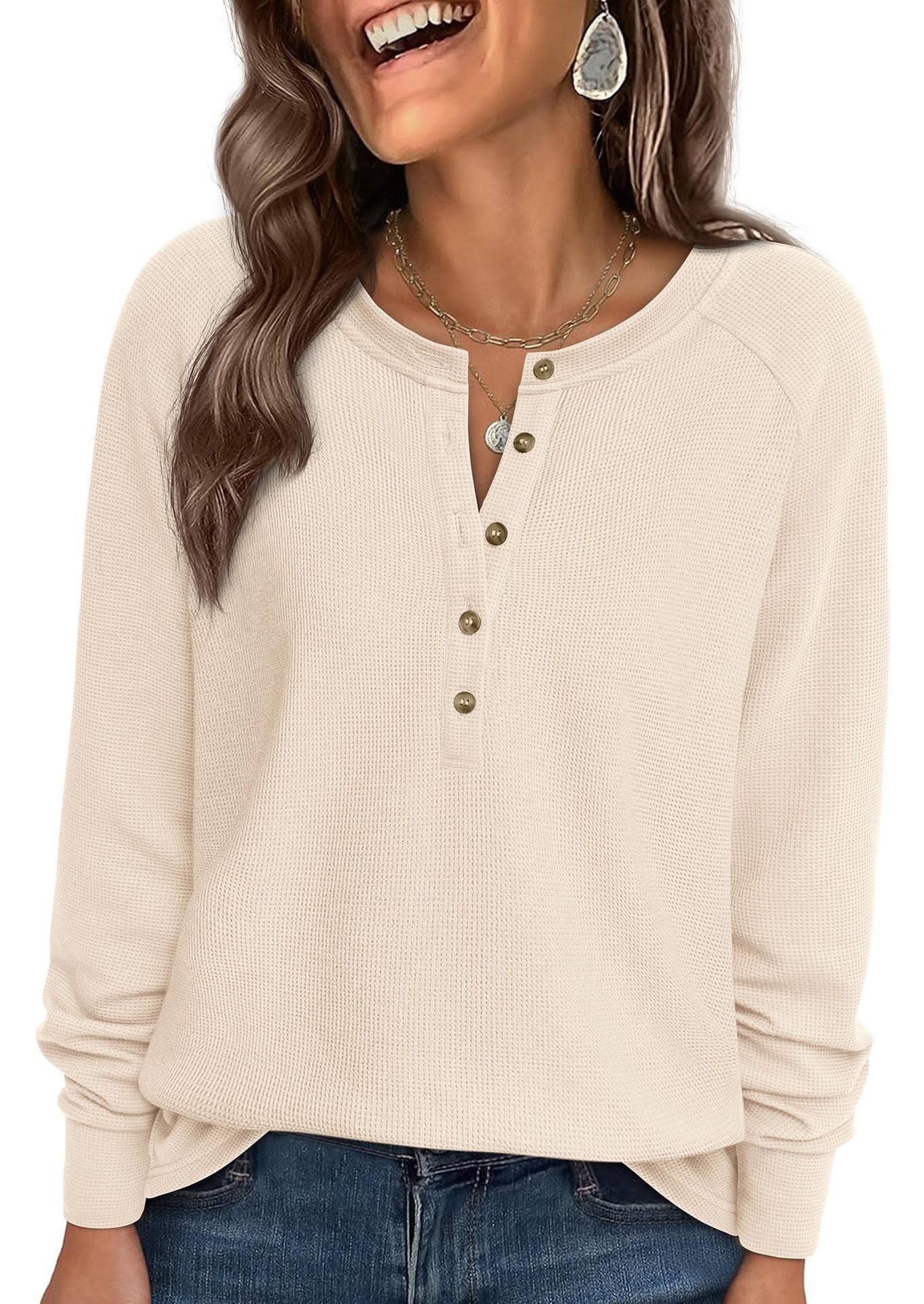 Henley Button Front Waffle Knit Long Sleeve Top
